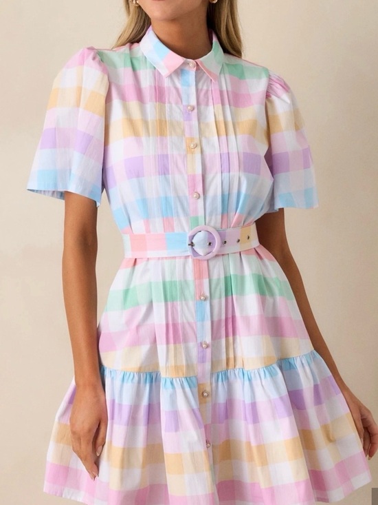 Prosperina Dresses & Skirts - Red Dress Boutique Pastel Plaid Belted Mini Dress - Multi Pastels
